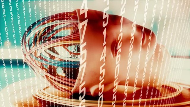 Future ai algorithms and robot girl artificial head, computer data flow 4k