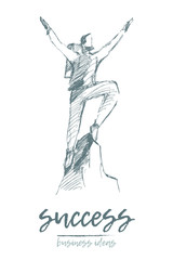 Man top mountain with rising hands winner vector