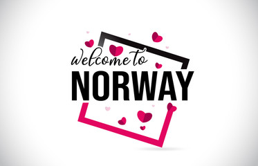 Norway Welcome To Word Text with Handwritten Font and Red Hearts Square.