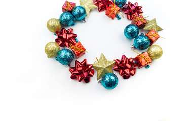 round frame made of christmas decoration on white background with copy space for text