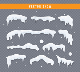 Snow caps, snowballs and snowdrifts set. Snow cap vector collection. Winter decoration element. Snowy elements on winter background. Cartoon template. Snowfall and snowflakes in motion. Illustration.