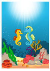 Fototapeta na wymiar Seahorse in Beautiful Underwater World Cartoon