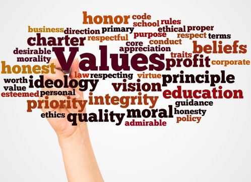 Values word cloud and hand with marker concept