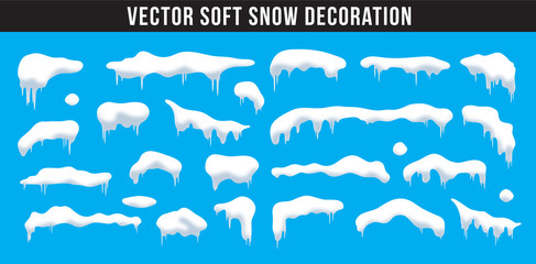 Snow caps, snowballs and snowdrifts set. Snow cap vector collection. Winter decoration element. Snowy elements on winter background. Cartoon template. Snowfall and snowflakes in motion. Illustration.