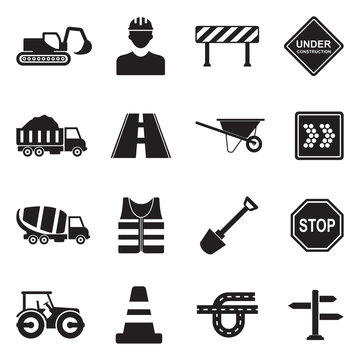 Road Construction Icons. Black Flat Design. Vector Illustration.