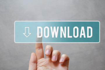 Download - hand pressing transparent blue button with arrow on virtual touchscreen interface  grey background with copy space for text. Internet application files downloading sharing  concept.