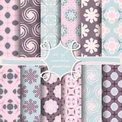 set of seamless vector illustrations with abstract multicolored geometric shapes, decorative flowers