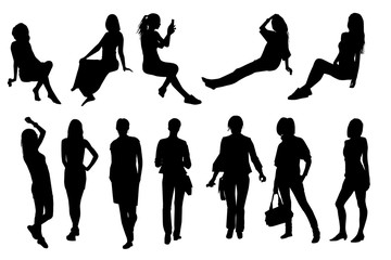 Fototapeta premium Silhouettes of girls and women in different poses, vector.