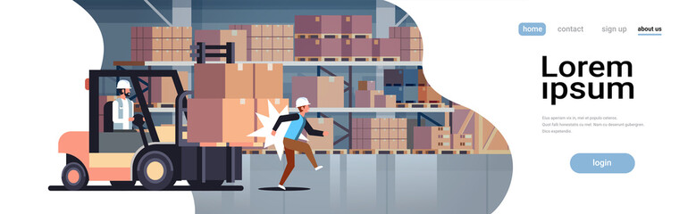 forklift driver hitting colleague factory accident concept warehouse logistic transport driver dangerous injured worker storehouse room interior horizontal copy space © mast3r