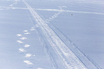 Traces of cars on white snow as a background