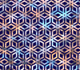 Geometric colorful grid on a dark background in arabesque style. Seamless pattern textured with melange background