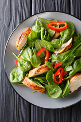 grilled chicken salad with fresh baby spinach and bell peppers closeup on a plate. Vertical top view