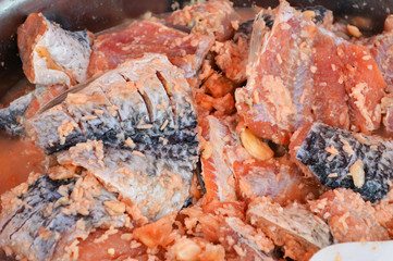 Obraz na płótnie Canvas fermented fish or pickled fish/ traditional thai style food with rice ferment raw preserved fish