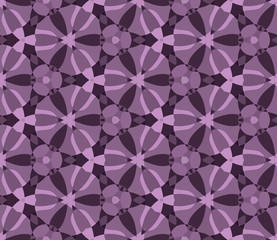 Fototapeta premium Seamless hexagonal pattern from geometrical abstract ornaments multicolored in pale pink shades on a dark background. Vector illustration. Suitable for fabric, wallpaper or wrapping paper