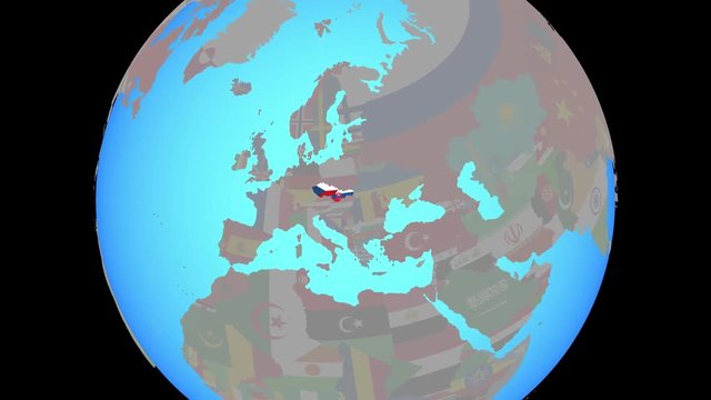 Closing in on Former Czechoslovakia with national flags on blue political globe. 3D illustration.