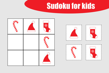 First Sudoku game with christmas pictures for children, easy level, education game for kids, preschool worksheet activity, task for the development of logical thinking, vector illustration