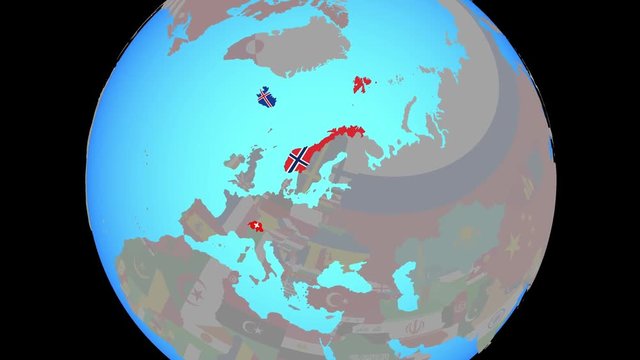 Closing in on EFTA countries with national flags on blue political globe. 3D illustration.
