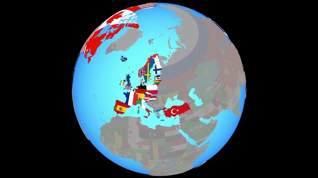 Closing in on OECD European members with national flags on blue political globe. 3D illustration.