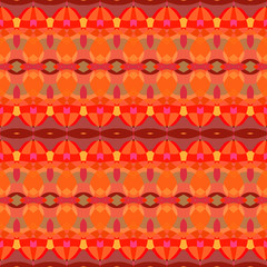 Seamless striped bright pattern from geometrical abstract ornaments multicolored in red and orange shades on a brown background. Vector illustration. Suitable for fabric, wallpaper or wrapping paper.