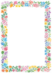 Colorful herbs and flowers frame isolated on white