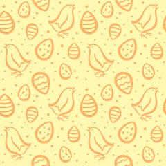 Rolgordijnen Hand drawn Easter seamless vector pattern. Brush drawn Easter eggs, cute chicks and uneven spots texture. Artistic uneven edges. Endless yellow and orange background with chicken and painted eggs.  © Elena Panevkina