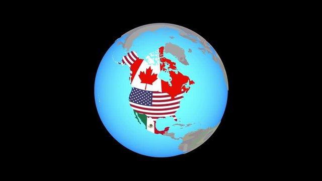 Closing in on NAFTA memeber states with national flags on blue political globe. 3D illustration.