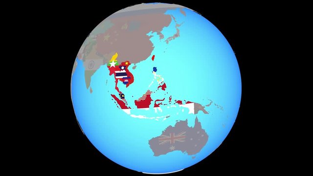 Closing in on ASEAN memeber states with national flags on blue political globe. 3D illustration.