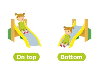 Vector antonyms and opposites. Cartoon characters illustration on white background. Card for children can be used as a teaching aid for a foreign language learning. On top and Bottom.