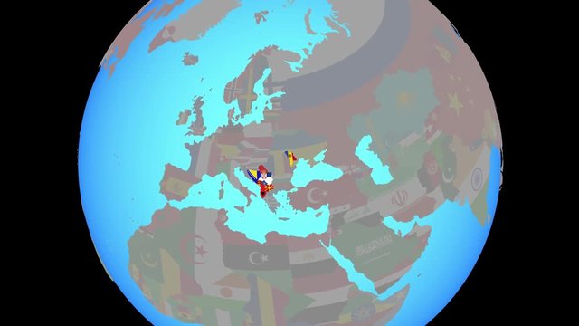 Closing in on CEFTA countries with national flags on blue political globe. 3D illustration.