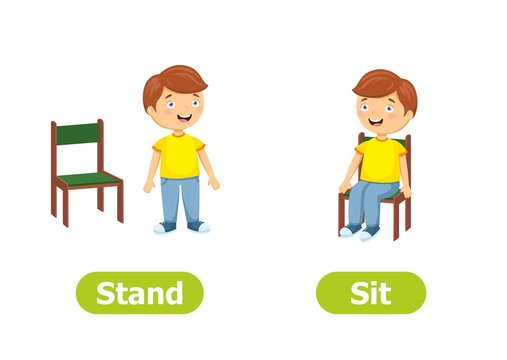 Vector antonyms and opposites. Cartoon characters illustration on white background. Card for children can be used as a teaching aid for a foreign language learning. Stand and Sit.