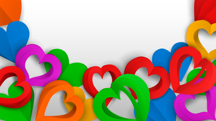 Background with many colored paper volume hearts with holes on white