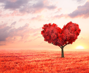 fantasy landscape with red tree in shape of heart