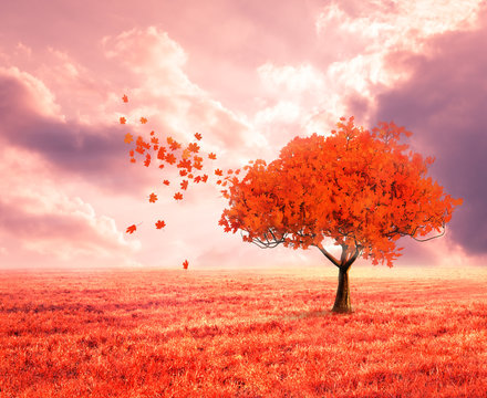 fantasy landscape with red autumn tree
