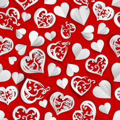 Seamless pattern of many paper volume hearts with holes and without, white on red