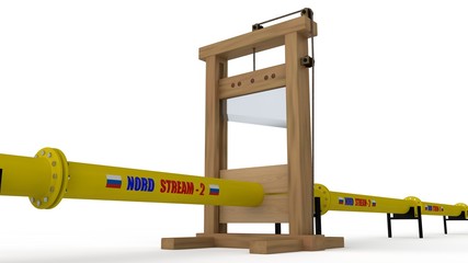 3D illustration of the Nord stream 2 gas pipeline, in the guillotine. The idea of international sanctions, economic war and confrontation between the US and Russia. 3D rendering isolated on background