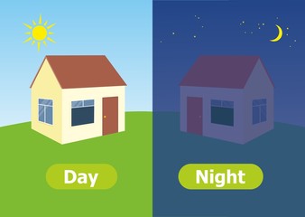 Vector antonyms and opposites. Day and Night. Illustrations on white background. Card for teaching aid, for a foreign language learning.