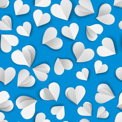 Fototapeta na wymiar Seamless pattern of many paper volume hearts, white on light blue