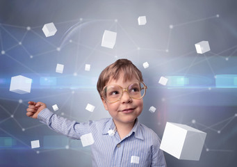 Little boy with luminous cubes around and 3D concept