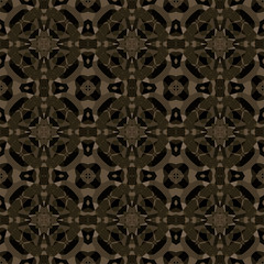 Seamless square pattern from geometrical abstract ornaments multicolored in brown shades on a dark background. Vector illustration. Suitable for fabric, wallpaper or wrapping paper