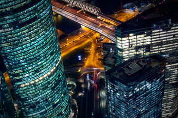 Moscow city business district night view from observation deck