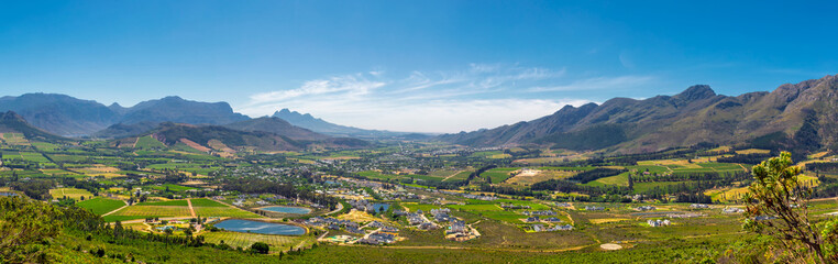 Franschhoek valley panorama with its famous wineries and surrounding mountains, South Africa