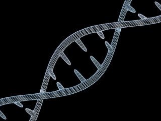 DNA molecule is located in front of a black background. Abstract collage. 3D