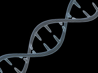 DNA molecule is located in front of a black background. Abstract collage. 3D