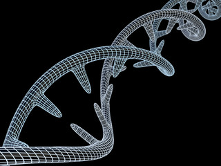 DNA molecule is located in front of a black background. Abstract collage. 3D