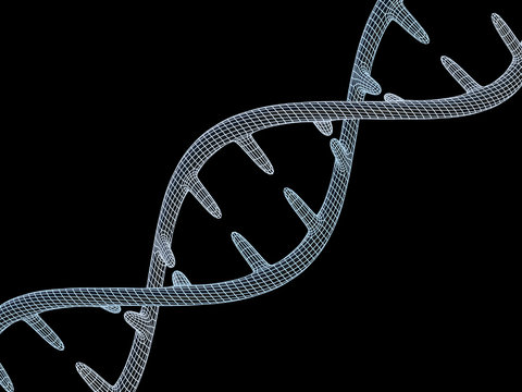 DNA molecule is located in front of a black background. Abstract collage. 3D - Powered by Adobe