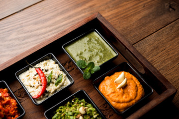 Group of Indian Chutneys includes coconut, Peanut, green and red chilly, garlic and pudina served in small square shape bowls. selective focus