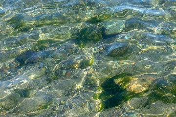 shiny teal and gold reflections in water