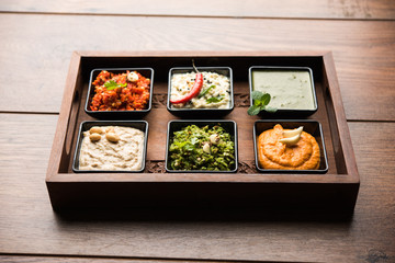 Group of Indian Chutneys includes coconut, Peanut, green and red chilly, garlic and pudina served in small square shape bowls. selective focus
