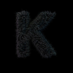 Uppercase fluffy and furry black font. Letter K. 3D