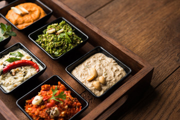 Group of Indian Chutneys includes coconut, Peanut, green and red chilly, garlic and pudina served...